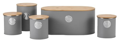 EHC Set of 5 Tea, Sugar, Coffee, Biscuit & Bread Bin Canisters Set With Airtight Lid, Kitchen Storage Jars with Lids, Containers Canisters Jars Set of 5, Grey