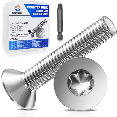 Gomeer 20 Stück M8 x 50 mm Senkkopfschrauben Torx Innensechskant aus A2 V2A Edelstahl Schrauben mit Torx Schlüssel Sechskant Schrauberkopf Norm ISO 14581 / DIN 965,für Maschinen, Möbel,Reparaturen