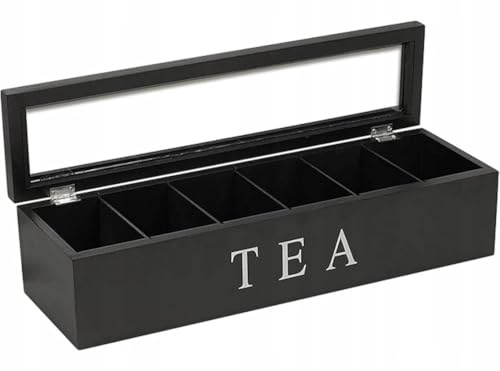 Black Wooden Tea Bag Storage Box | 6 Compartment Tea Chest Organiser for Kitchen & Home | Tea Caddy for Herbal Fruit & Breakfast Teas - 43cm