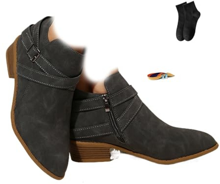 POIOZXD Botines de cuero con correa de hebilla y tacón grueso con cremallera lateral, cómodos, puntera redonda, tacón bajo, botines de tobillo para mujer, Gray, 38.5 EU