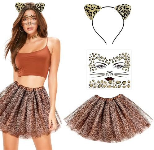 MorLuks Leopardkostym set, leopardöron pannband tatuering ansikte leopard tyllkjol, djurdräkt tillbehör för karneval karneval halloween cosplay temafest