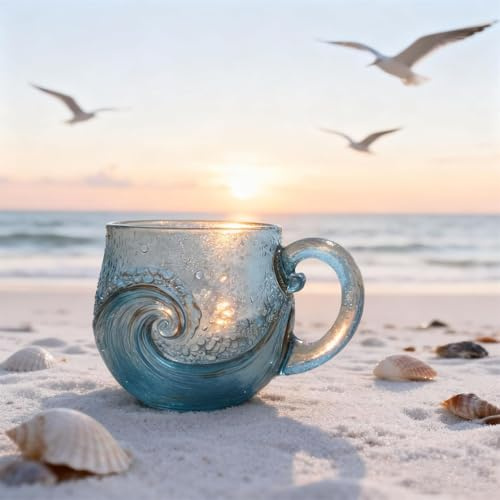 Sea Glass Wave Mug,12 Oz Handblown Ocean Wave Glass Mug Cup, with Textured SeaWave Design,Unique Beach Theme Mugs for Tea,Coffee Wine Ice Drink,Sea Inspired Drinkware Gift for Ocean Lovers