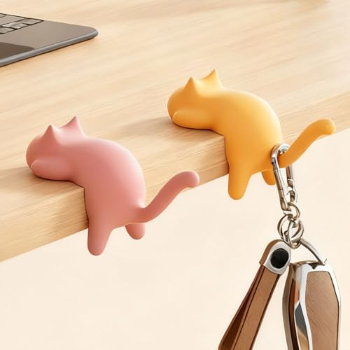 Muorruo 2er-Pack süßer Katzen-Schreibtischkantenhaken, Tischaufhänger ohne Bohren für Taschen, Desktop-Organizer-Clip, Schreibtischhaken für Tisch, Handtaschenhaken, Taschenhalter