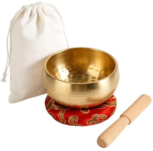 HONYUET Klangschale klein 8 cm, Tibetische Klangschale Messing handgehämmert, Klanginstrument mit Holzstab, Kissen und Stoffbeutel für Meditation, Entspannung, Yoga und Geschenke