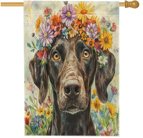 Bandiera tedesca a pelo corto, 71,1 x 101,6 cm, double-face, decorativa per esterni, motivo floreale per piante da cortile, bandiera per la casa, con cane per esterni