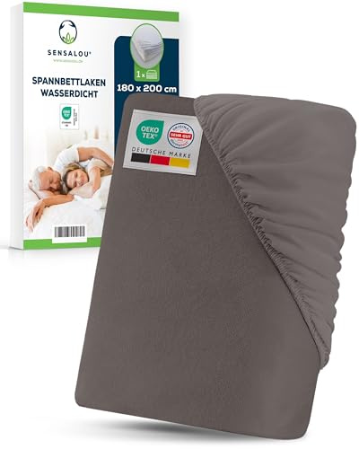 Sensalou Wasserdichtes Spannbettlaken 180x200 cm Grau - Matratzenschoner | Nässeschutz für Boxspringbett und Doppelbett - Atmungsaktive Frottee Oberfläche - Öko-Tex zertifiziert & 95 Grad waschbar