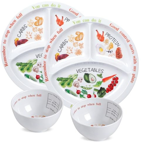 Yuecda Paquete de 4 platos de control de porciones para una alimentación equilibrada, plato de nutrición saludable para adultos y adolescentes, separadores de melamina, perfectos para una alimentación