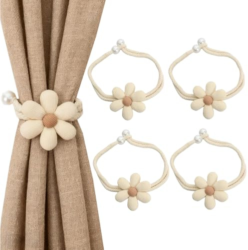 Raffhalter 4er Set, Elegante Vorhanghalter mit Blumenmuster, Gardinenraffer aus Baumwolle-Leinen, Zum Gardinen Zusammenbinden