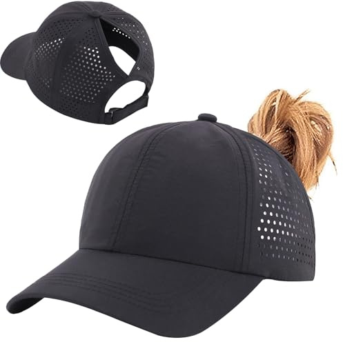 Baynetin Damen Baseballkappe Pferdeschwanz | Atmungsaktiv Mesh Baseballmütze, Leicht & Schnelltrocknend | Verstellbar Basecap für Laufen, Golf & Outdoor (Schwarz)