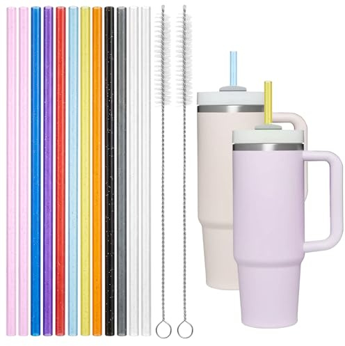 12 cannucce glitterate in plastica, lunghe 30 cm, colorate, riutilizzabili, con spazzola per la pulizia della cannuccia, senza BPA, per tazze di vetro (2)