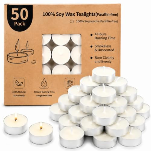 LETINE 50 velas de té 100% de cera de soja, 4 horas, color blanco, sin