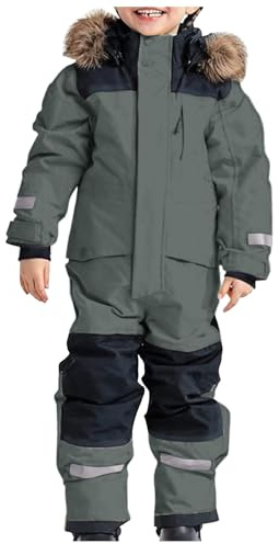 Mono de esquí para niño, mono de nieve repelente con capucha para invierno, ropa caliente para esquí y juego al aire libre, look deportivo para niña y niño de 4 a 12 años, sin cordón, gris, 2-3 Años