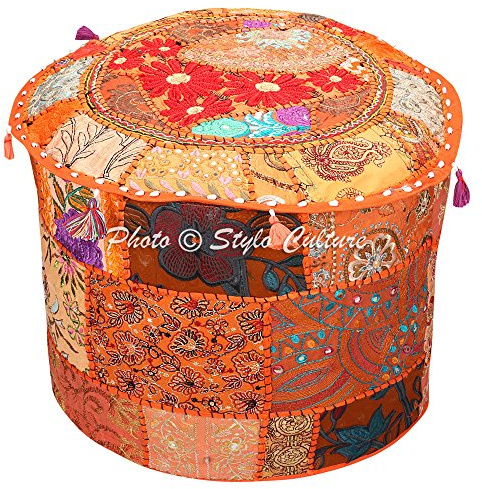 Stylo Culture Pouffe And Footstool Large Vintage Bean Bag Cover Orange Ethnic Embroidered Patchwork Cotton Traditional Round Fabric Ottoman Pouf Cover (16x16x13 Inch) 40cm (COVER ONLY)