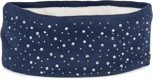 styleBREAKER Stirnband Damen Winter mit Strasssteinen und Fleece Innenfutter | warmes elastisches Feinstrick Haarband gefüttert | Glitzer Headband für kalte Tage, Farbe:Dunkelblau