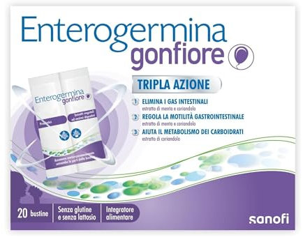 Enterogermina Gonfiore, Fermenti Lattici Probiotici, Prebiotici per Adulti - Integratori con Enzimi Digestivi ed Estratti Vegetali contro Pancia Gonfia e Gonfiore Addominale (20 Bustine Gusto Pesca)