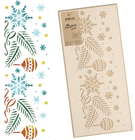 NAKLEO Weihnachten Malschablonen 21x45cm, Wiederverwendbare Kunststoff Schneeflocke Bordüre Muster für Kunstschnee Spray und Malen, DIY Handwerk Weihnachst Dekoration, Fenster Wand Holz Türen Karte