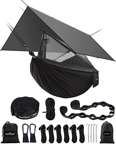 Sunyear Campinghängmatta med regnflugtält | enkel montering, vattentät campinghängmatta med nät och skyddskåpa | Omfattande campingkit | Robust, UV-beständig hängmatta och tält