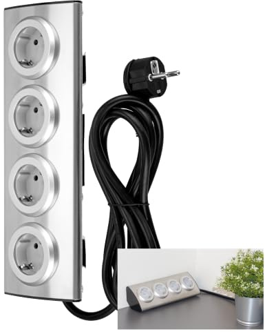 REV Steckdosenleiste - Mehrfachsteckdose mit Klettband für Eckmontage, ideal für Küche & Büro, 3500W, 1,95m, Silber