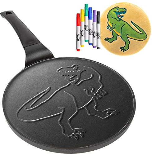 Grand moule à crêpes dinosaure de 25,4 cm – Décorez les crêpes avec lot de 6 marqueurs alimentaires comestibles inclus avec poêle antiadhésive – Arts et travaux manuels amusants et petit déjeuner