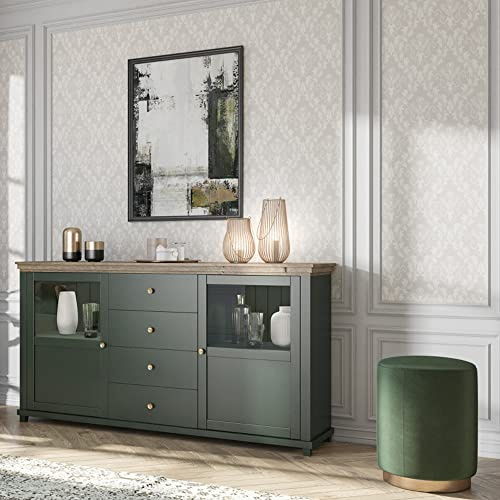 Lomadox Sideboard grün mit Eiche Lefkas Nb. Glaseinsatz Türen und Knopfgriffe, B/H/T: ca. 181/93/42 cm
