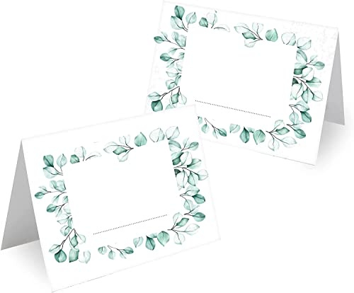 Tischkarten Blanko Hochzeit Geburtstag DIN A7 - Design Platzkarten zum Beschriften in vielen verschiedenen Designs (100x Stück, Eukalyptus Kranz)