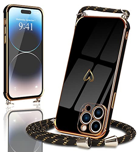 Micoden Crossbody Case for iPhone 14 Pro with Heart Plating-Black | Cute Luxury Silicone Shockproof Cover,Adjustable Lanyard Strap Cord Necklace for Girls Women