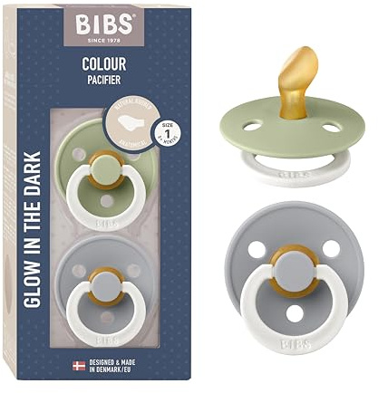 BIBS Colour Anatomical Glow Napp 2-pack, BPA-fri, Anatomisk sugdel. Naturgummilatex, Tillverkad i Danmark. Storlek 1 (2-pack), Sage Glow/Cloud Glow