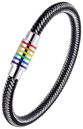 PAURO Herren Damen Stainless Steel 6MM Geflochtene LGBT Regenbogen Homosexuell Lesbian Stolz Armspange Armband Schwarz Silber 220MM