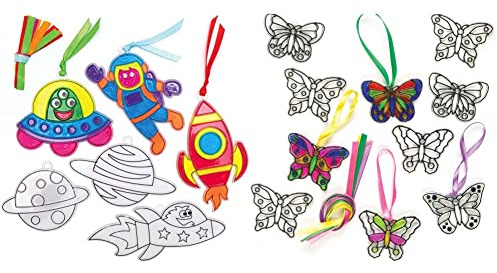 Baker Ross AX179 Solar System Suncatchers - Pack of 10, for Children to Design, Decorate and Display, Creative Summer Craft Set & ET815 Butterfly Mini Suncatcher Decorations (Pack of 12)