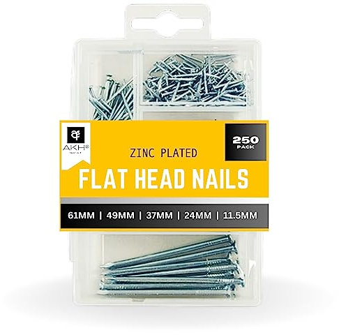 AKH® Assortiment de clous à tête plate pour bois | Lot de 250 clous | Clous en fer plaqué zinc pour accrocher des photos, bricolage, travaux manuels, projets de menuiserie, décoration de la maison |