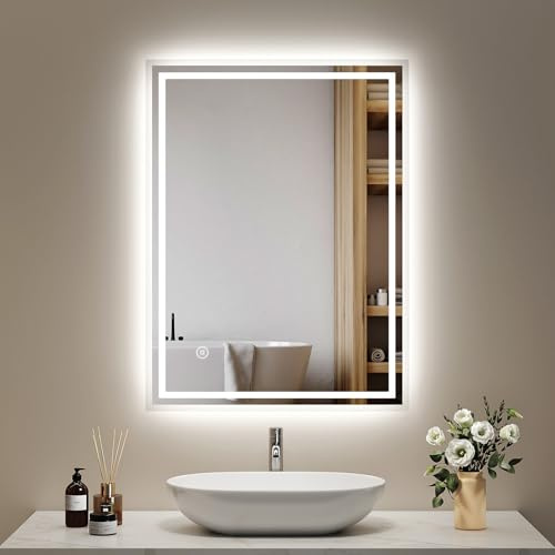 EMKE Badspiegel mit Beleuchtung 80x60cm, 3 dimmbaren Lichtfarben | LED Badspiegel mit Antibeschlag, Touchschalter, Speicherfunktion, Einfach Install, Explosionsschutz Badezimmerspiegel