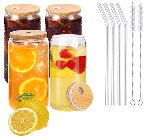 Ompinda Iced Coffee Glasses Set, 16 OZ Glass Drinking Cups with Bamboo Lids and Straws Glass Water Tumbler with Silicone Protective Sleeve for Coffee Smoothie or Cocktail (4)