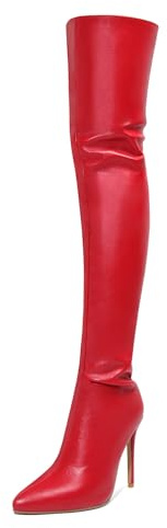 Knähöga stövlar för damer, sexiga spetsiga stövlar med spetsad tå Stiletto Ryggkedja Lång stövel, Modestretch Festklänning Lårknähöga stövlar,Red,40 EU