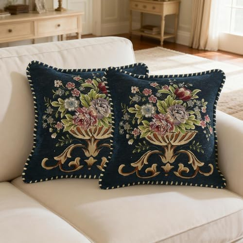 Qupace Set of 2 Blue Vintage Embroidered Throw Pillows Covers 18x18in Spring Vintage Decorations Floral Embroidered Cushion Cover for Sofa Couch Bed Chairs Car
