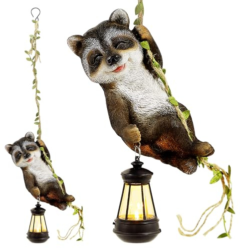 Joliyoou Solar Light Outdoor Statues, Raccoon Climbing On Vine Style