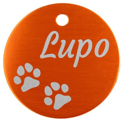 Unikat Branding Hundemarke mit Gravur personalisiert, Orange, 35 mm | Adressanhänger und Namensschild für Hund, Katze, Welpe, Anhänger fürs Hundehalsband, beidseitig graviert mit Telefonnummer