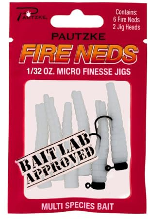 Pautzke's Fire Neds White Micro Finesse Jigs, 1/32 oz - Ultimate Trout and Multi-Species Fishing Lures, Includes 6 Neds & 2 Pre-Rigged Jig Heads, Multi-Species Bait