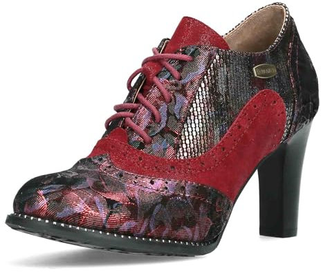 Laura Vita Damen Pumps Schnürpumps Derby Metallic Blumen Muster Alcbaneo 162, Größe:37 EU, Farbe:Rot