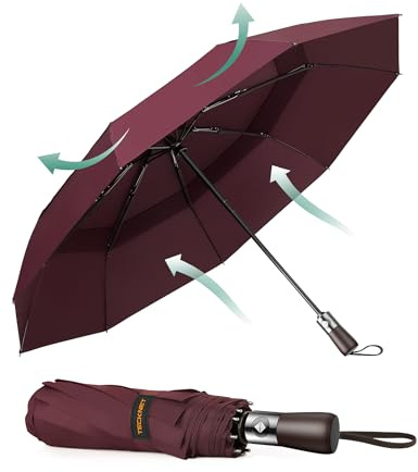TECKNET Ombrello Pieghevole Automatico, Ombrello Portatile Antivento, 9 Telai e Tessuto 210T, Ombrello Compatto con Manico in Legno ad Apertura e Chiusura Automatica, Per Uomini & Donne