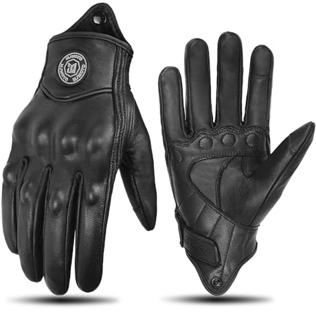 mjmoto Guanti da moto retrò neri in pelle - Guanti traspiranti touch screen a dita intere per motociclisti e motociclisti - Guanti da moto vintage classici