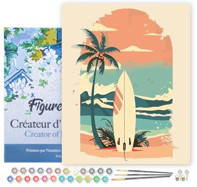 Figured'Art Peinture par Numéro Adulte avec Cadre Planche de surf sur la plage - Activité Manuelle Kit de Loisir Créatif DIY Numéro d'Art Complet - 40x50cm toile tendue sur châssis