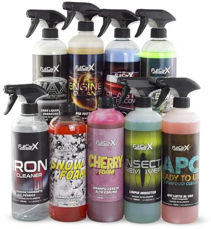 FULLCARX Kit Extérieur Avancé Nettoyage Voiture, Nettoyant Jantes, Shampoing ph Neutre et Alcaline, Cire Liquide Carnauba, Rénovateur Plastique Moteur Vitre APC, Produit Lavage Detailing Professionnel