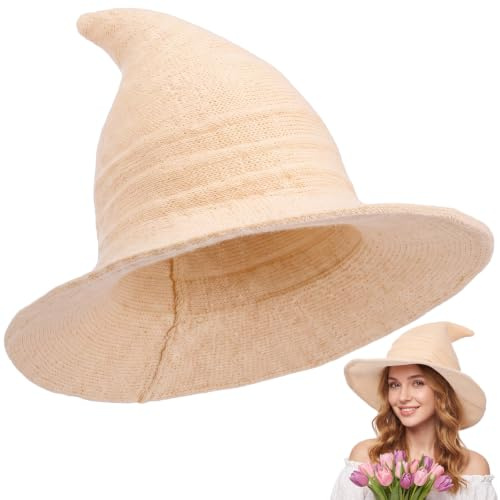Boyiee Gestrickt Hexe Hut Breitkrempe Gestrickte Mütze Halloween Hexenhut Faltbare Zipfelmütze für Damen Halloween Cosplay Kostüm Maskerade Zubehör