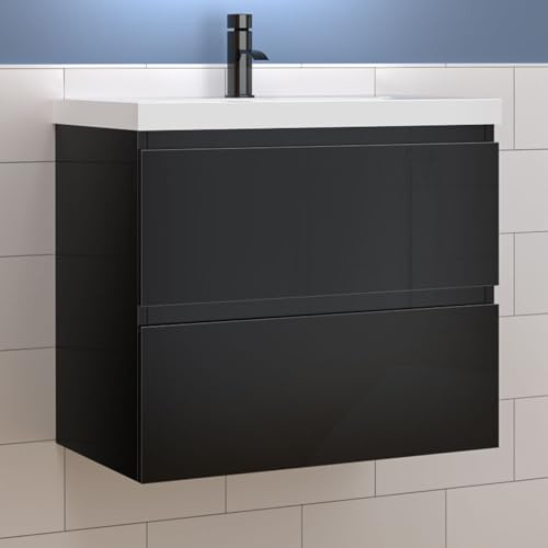Aica Sanitär Waschtisch mit Unterschrank 60cm Alast Badmöbel Set Hochglanz Schwarz Dick Keramik Waschbecken mit Unterschrank MDF Softclose