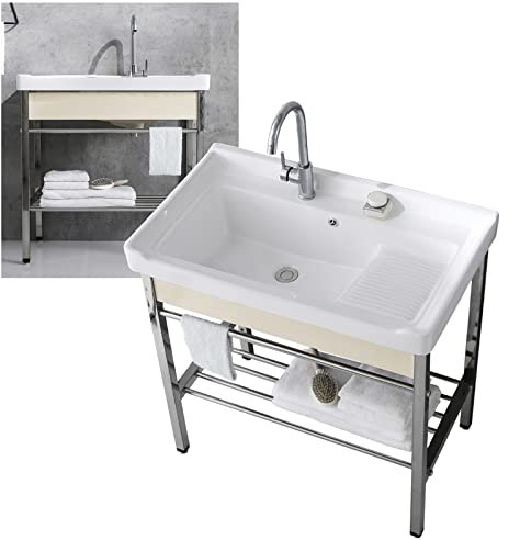 Freistehende Küchenspüle aus Keramik mit Edelstahlablage und Wasserhahn – modernes Einzelwaschbecken-Waschtisch-Set für Bauernhaus