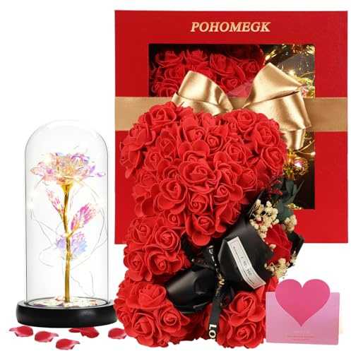POHOMEGK Cadeau Saint Valentin Femme Ours Roses accompagné d'une Lanterne colorée. UNE délicieuse Surprise Pour Votre dulcinée, accompagnée d'une Carte de vœux et d'un Emballage raffiné (Rot Rosé)