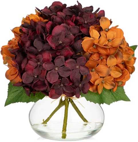 Oairse Hortensias artificiales de otoño, centro de mesa, color rojo oscuro, naranja en jarrón de cristal con seda de agua sintética, arreglo floral para el hogar, oficina, boda, Navidad, Acción de