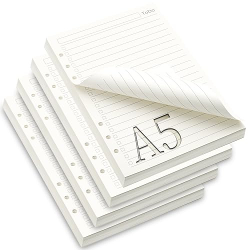 TXXATX Nachfüllpapier A5 Ringbucheinlagen 4 Pack Nachfüllbar Liniert 180 Blatt 6 Löcher Ringbuch Notizpapier Refill Paper für To Do Liste Planer Studium Kalendereinlagen Reiseplanung Tagesplan