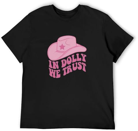 Men's Summer T-Shirt in Dolly We Trust T Shirt Nashville Parton Country Music Cowgirl Pink Hat Tee Button Closure Black XL