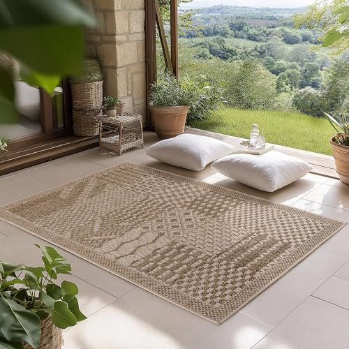 SIMPEX Indoor Outdoor Teppich Beige 80x150 cm Läufer, UV-beständig, Ideal für Küche, Balkon, Terrasse, Wohnzimmer und Esszimmer, Einfarbig im Boho-Stil.